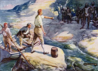 George Bass und Matthew Flinders begegnen einer Gruppe Aborigines, Australien, 1790er